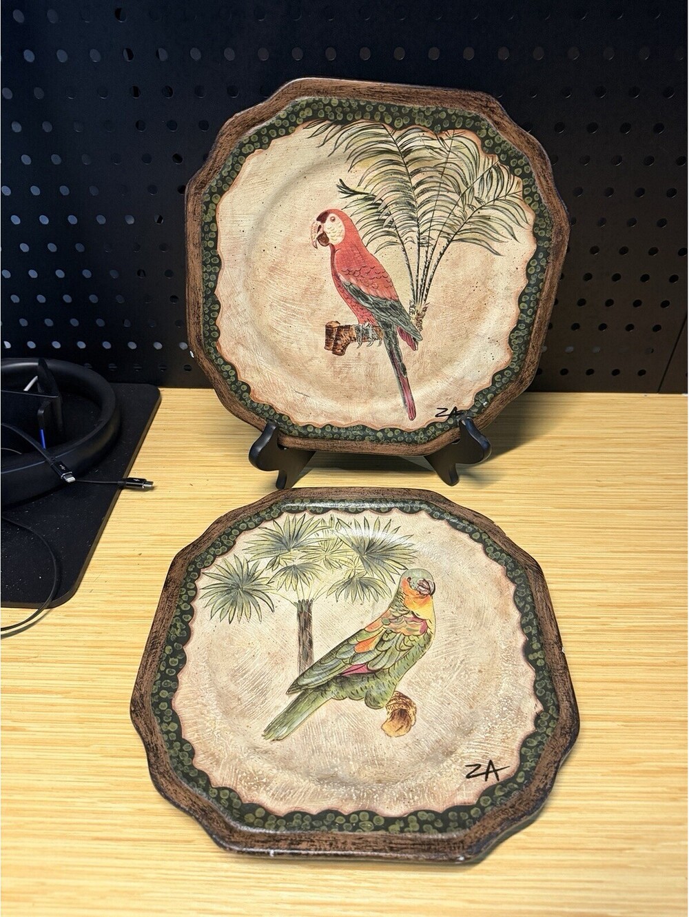 2 Tam San Hand Painted Parrot Bird Plates Wood Cornelius NC Signed ZA VTG